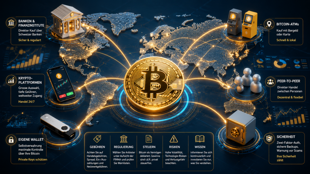 Bitcoin kaufen Schweiz 2026: Legale Wege, Gebühren, FINMA-Regeln, Wallets und Steuern im Überblick. So prüfen Anleger Anbieter, Kosten, Sicherheit, Verwahrung und Risiken vor dem Kauf in der Schweiz.
