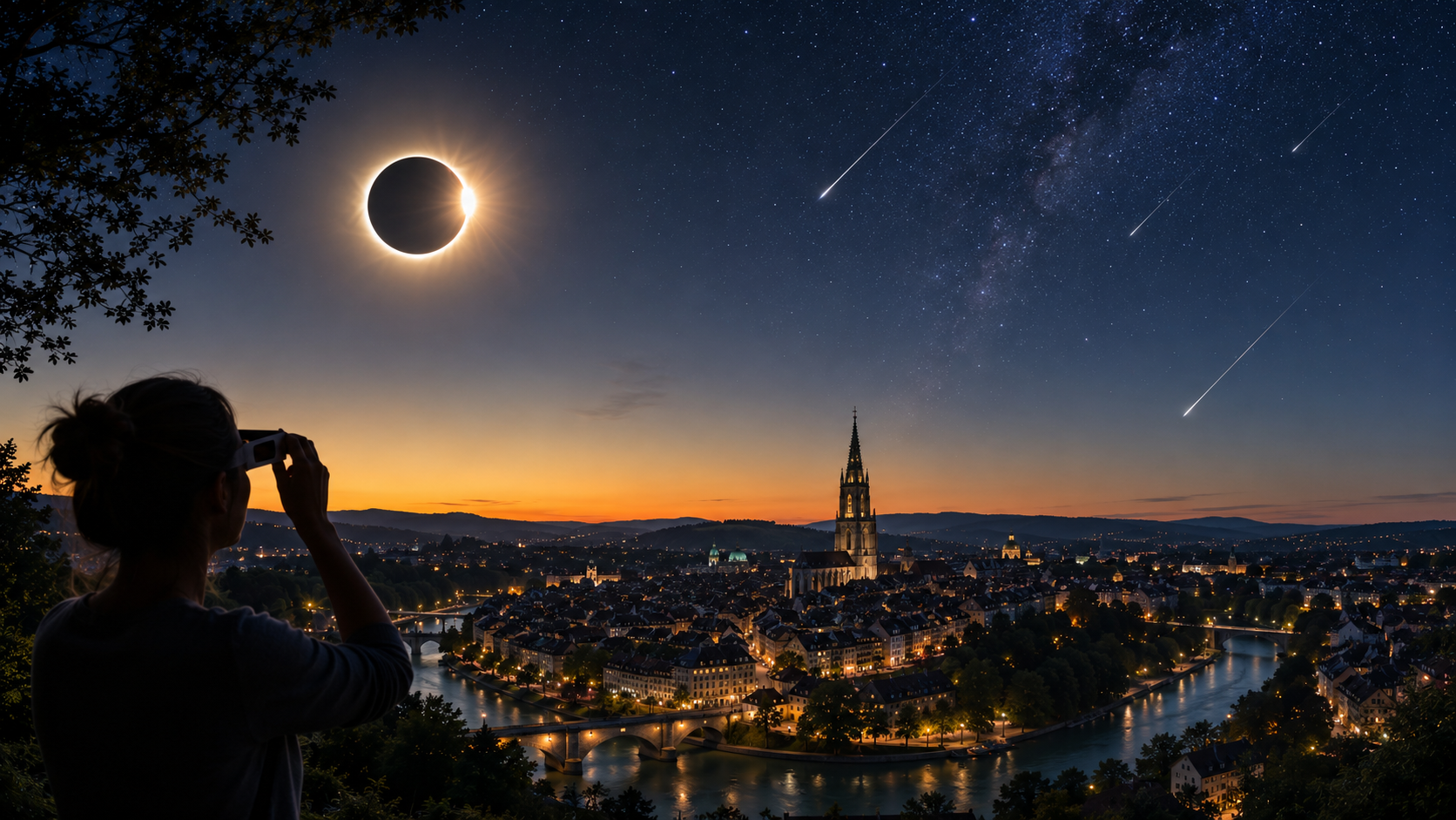 Sonnenfinsternis Bern am 12. August 2026: genaue Uhrzeiten, 92,6 Prozent Magnitude, beste freie Sicht nach Westen, Schutzbrillen, Wettercheck und Perseiden in derselben Nacht.