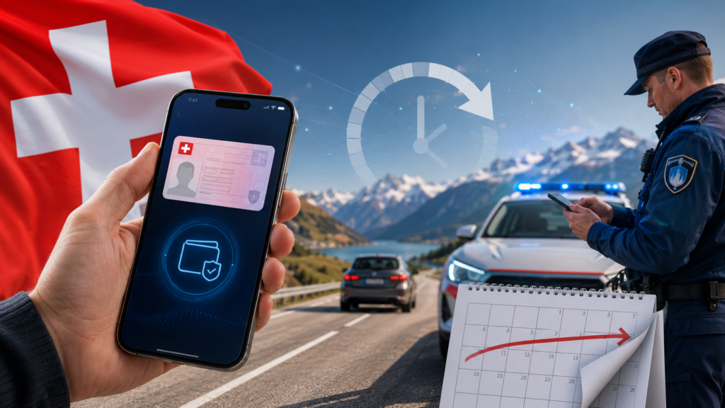 E-ID Führerausweis Schweiz: Der Start Ende 2026 ist verschoben. Was die swiyu Wallet, der elektronische Führerausweis, Polizeikontrollen und der neue Zeitplan ab 2027 für Autofahrer bedeuten.