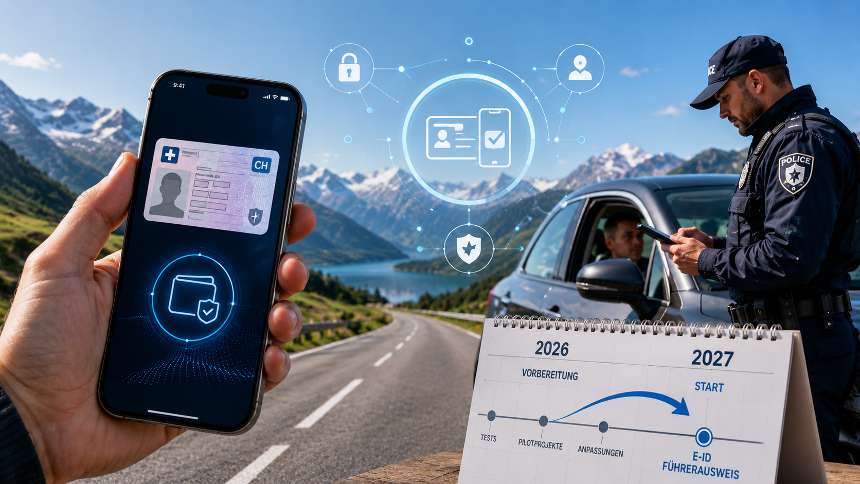 E-ID Führerausweis Schweiz: Der Start Ende 2026 ist verschoben. Was die swiyu Wallet, der elektronische Führerausweis, Polizeikontrollen und der neue Zeitplan ab 2027 für Autofahrer bedeuten.