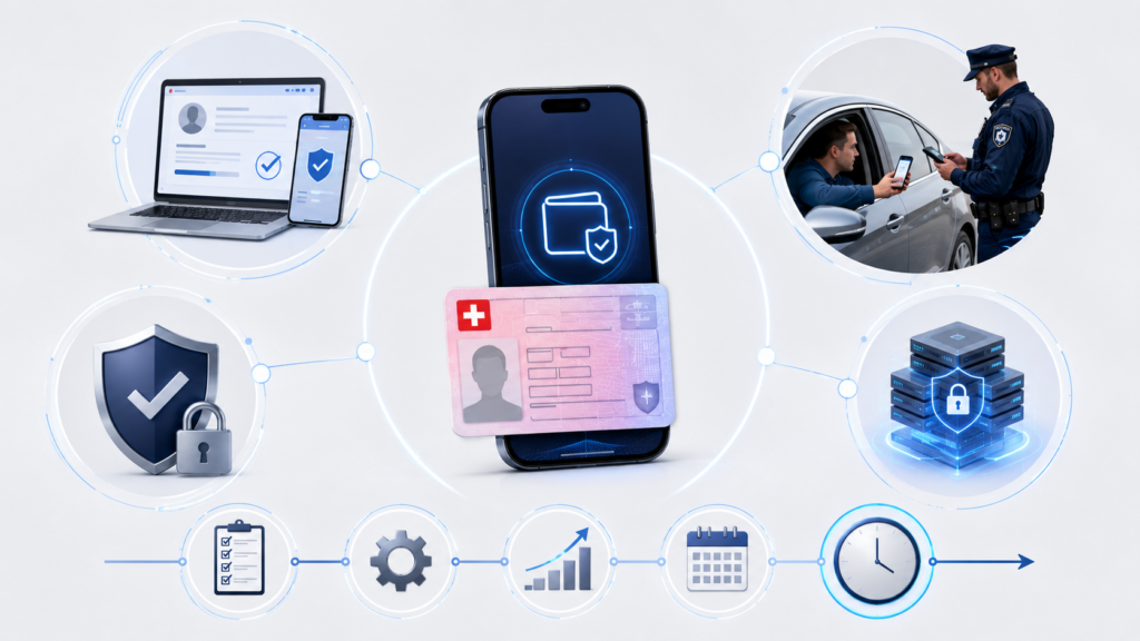 E-ID Führerausweis Schweiz: Der Start Ende 2026 ist verschoben. Was die swiyu Wallet, der elektronische Führerausweis, Polizeikontrollen und der neue Zeitplan ab 2027 für Autofahrer bedeuten.